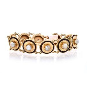 4.00 Ct.tw. Garnet and 6mm Pearl Vintage Bracelet In 14K Yellow Gold